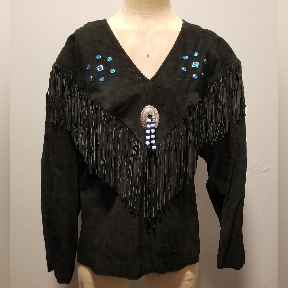 VINTAGE LEATHER JACKET PULLOVER WINDBREAKER SUEDE UNISEX FESTIVAL FRINGE HIPPIE